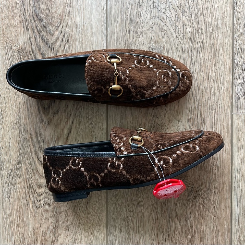 Gucci Women's Brown Jordaan GG Monogram Velvet Horsebit Loafer Shoes NEW - Picture 8 of 17